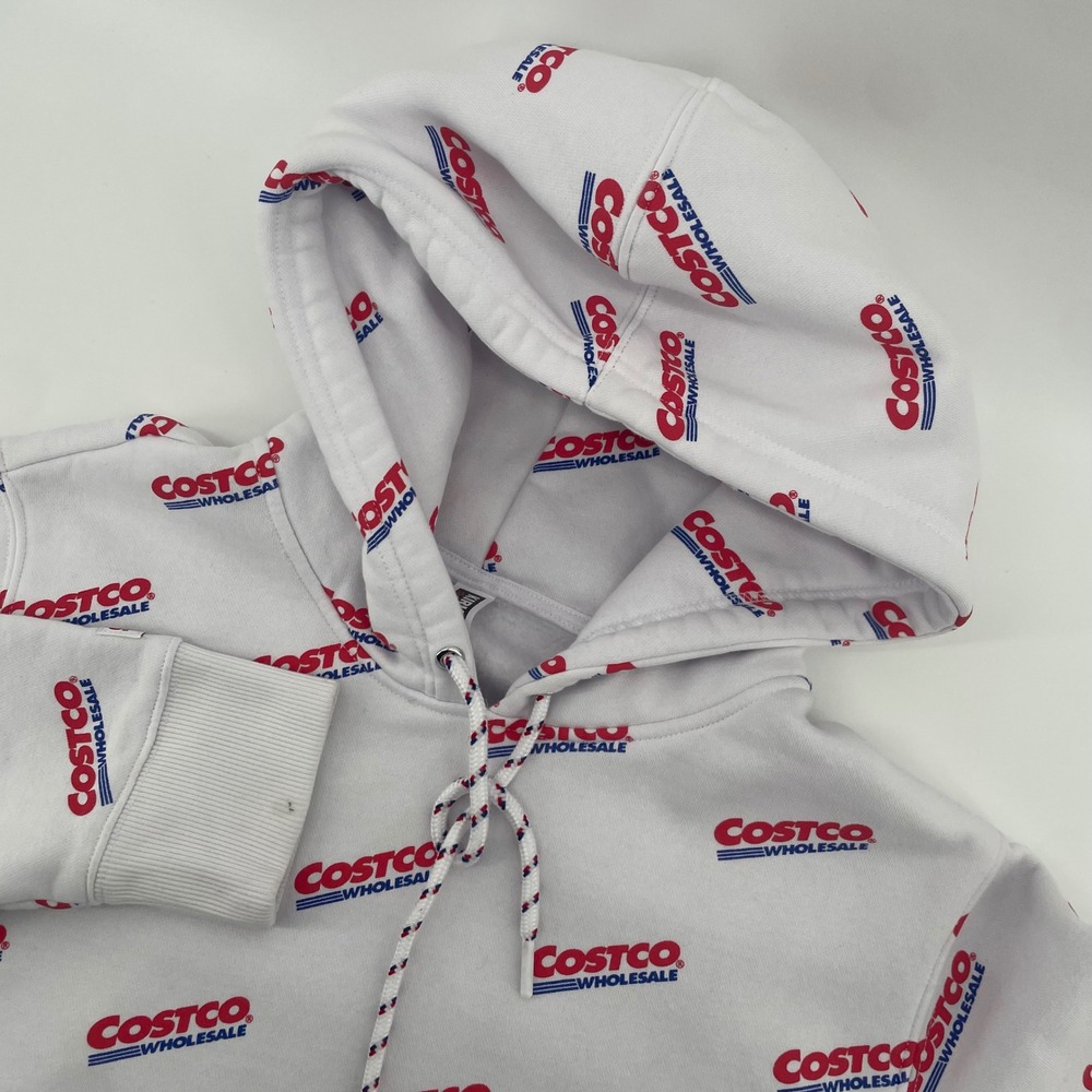 Kirkland Signature Costco Hoodie Mens S White All Over Print‎ Logo Sweatshirt
